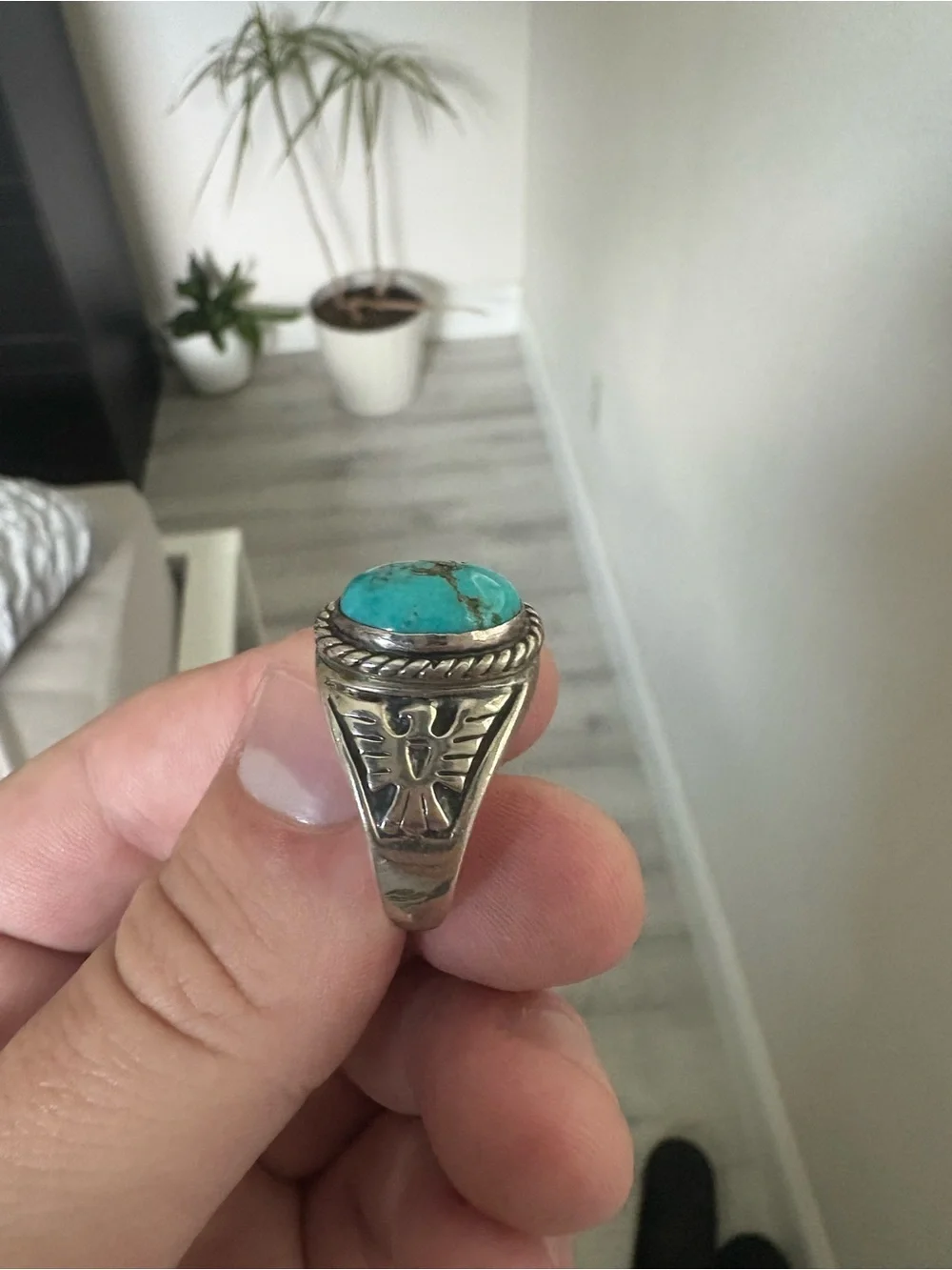 NAVAJO / T. HASTEEN Turquoise Stone STERLING Silver Men's Ring WITH EAGLE